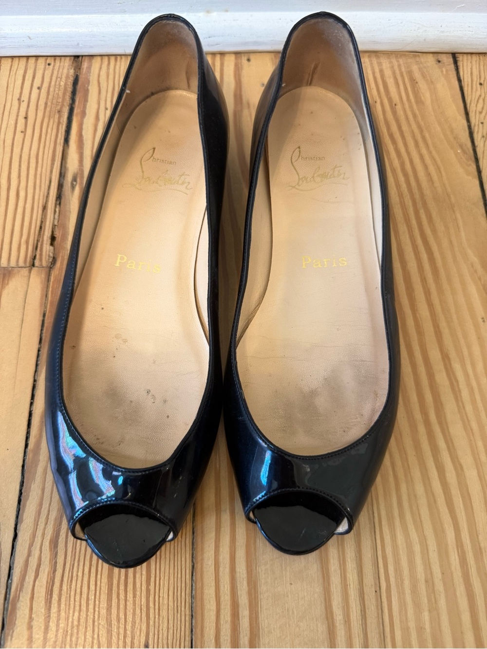 Christian Louboutin Black Patent Peep-Toe Flats with Nude Insole